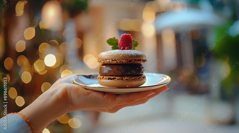 A hand holding a fancy dessert like a chocolate mousse or a macaron. A hand holding a fancy dessert like a chocolate mousse or a macaron.