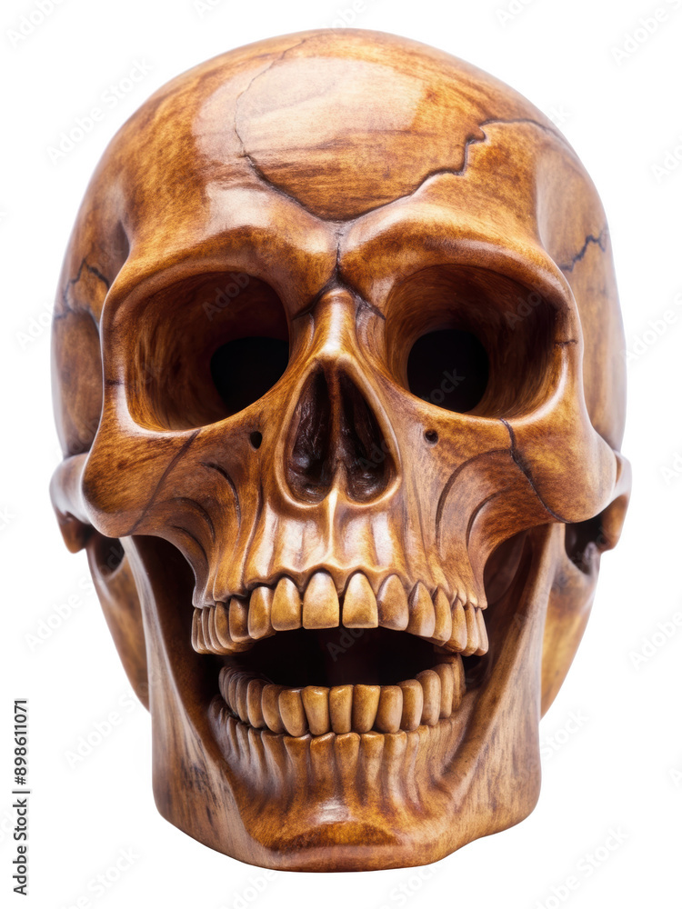 Obraz premium An intricately carved wooden skull showcasing detailed craftsmanship and design. The skull exhibits a rich texture and artistic skill. Isolated on transparent background, png.