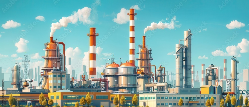 Industrial complex with green energy installations, environmental impact of industry, sustainable development Industrial complex with green energy installations, environmental impact of industry, sustainable development