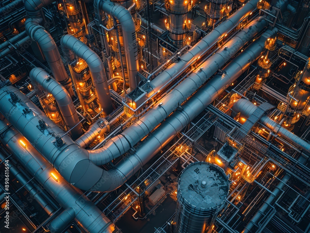 Illuminated Petrochemical Plant at Night: Aerial View of Industrial Pipelines and Machinery Illuminated Petrochemical Plant at Night: Aerial View of Industrial Pipelines and Machinery
