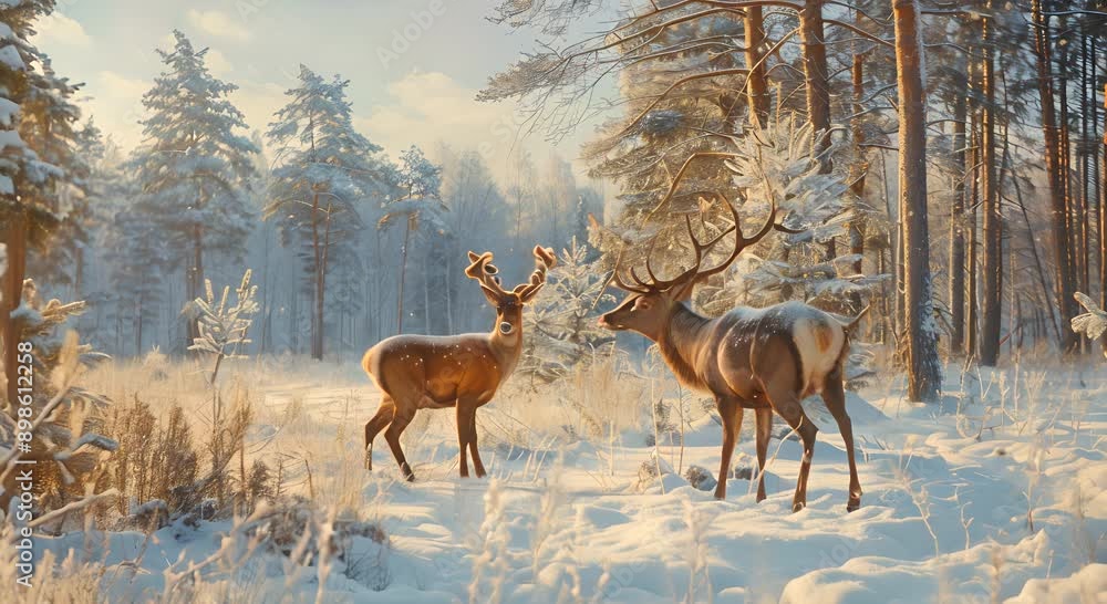 Two deer standing in the snow, one with antlers Two deer standing in the snow, one with antlers