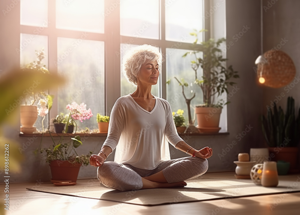 mature woman meditating in her room, Yoga concept. Generative AI mature woman meditating in her room, Yoga concept. Generative AI