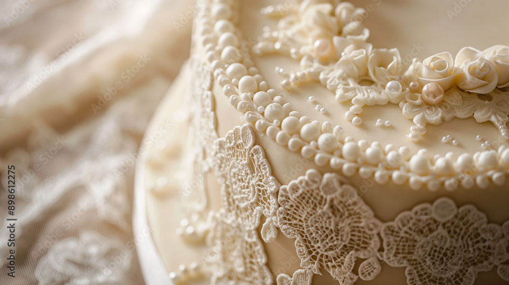 An elegant cake with lace patterns and pearl details, on a vintage lace tablecloth, left third copy space An elegant cake with lace patterns and pearl details, on a vintage lace tablecloth, left third copy space