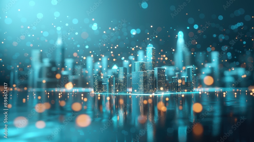Fototapeta premium A conceptual illustration of a digital cityscape with interconnected networks, symbolizing the evolution of cities through digital transformation and global knowledge integration.