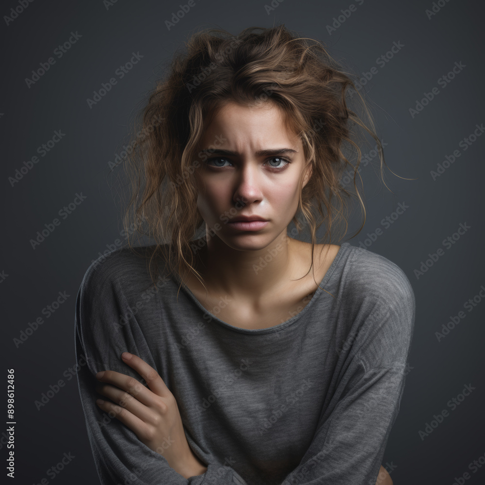 portrait of young sad depressed woman on gray background, Generative AI portrait of young sad depressed woman on gray background, Generative AI