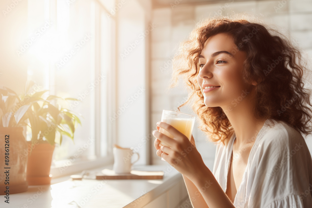 young woman enjoying her morning juice in sunlight, Generative AI young woman enjoying her morning juice in sunlight, Generative AI