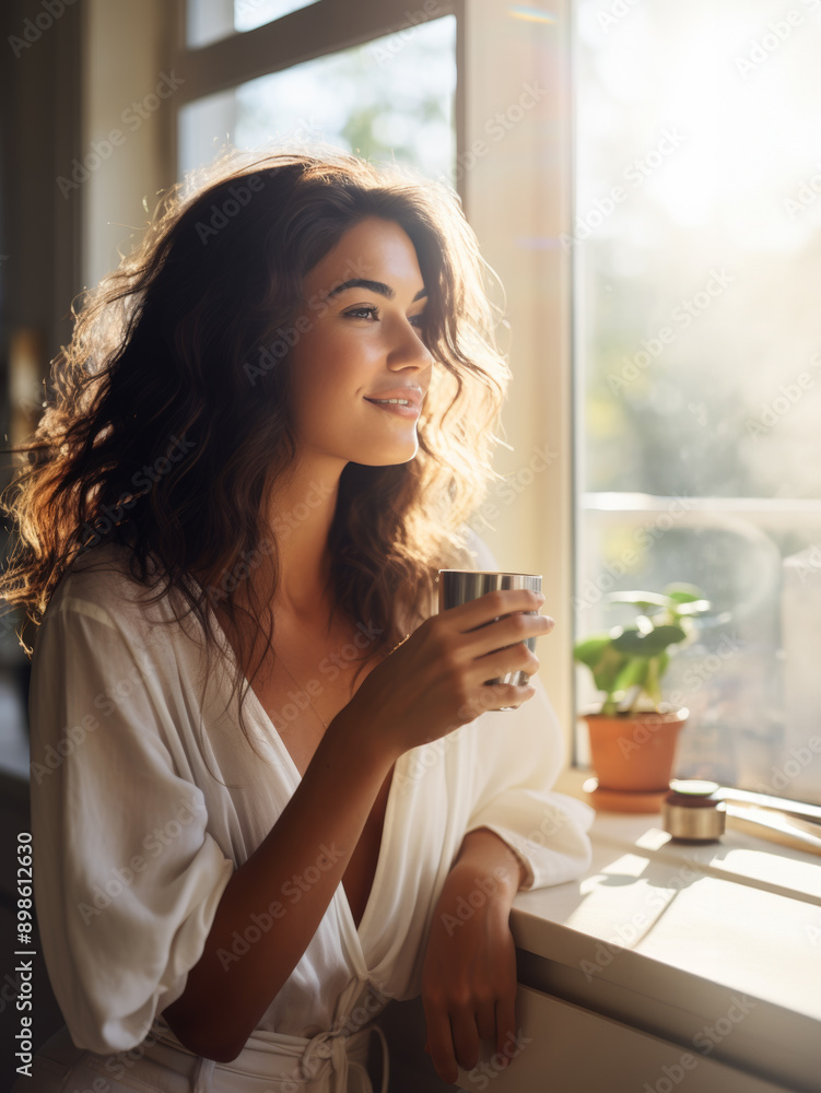 young woman enjoying her morning drink in sunlight, Generative AI young woman enjoying her morning drink in sunlight, Generative AI