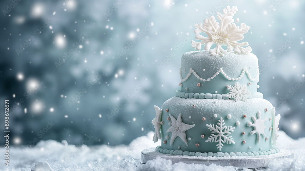 Fototapeta premium A cake adorned with snowflakes and icy details, set against a snowy backdrop, left third copy space