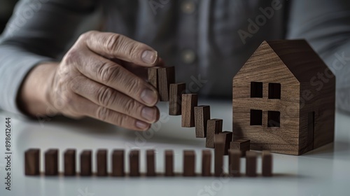 Hand and Wooden House with Dominoes photo