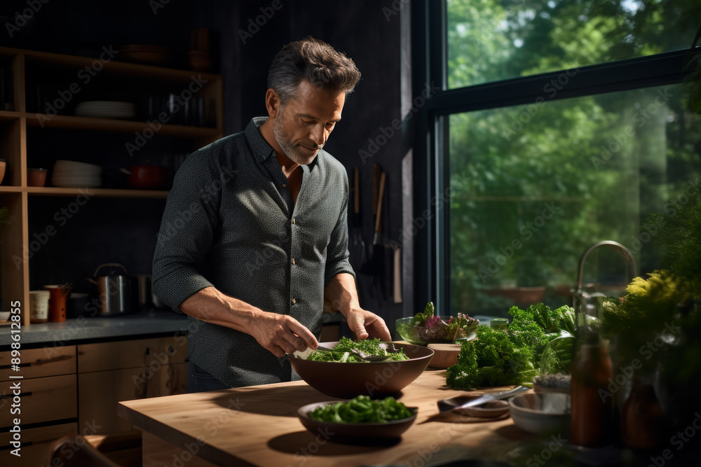 mature man preparing salad at home, healthy food, Generative AI mature man preparing salad at home, healthy food, Generative AI