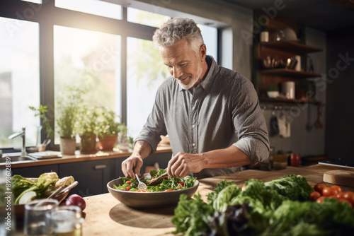 Obraz na płótnie mature man preparing salad at home, healthy food, Generative AI w salonie