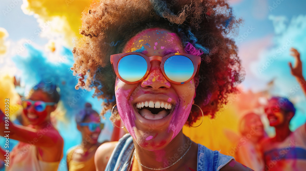 A woman with afro hair and sunglasses laughs and enjoys herself at a Holi party A woman with afro hair and sunglasses laughs and enjoys herself at a Holi party