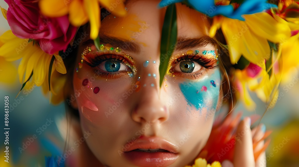 A model with a bright and colorful eye make-up look for a festival. A model with a bright and colorful eye make-up look for a festival.