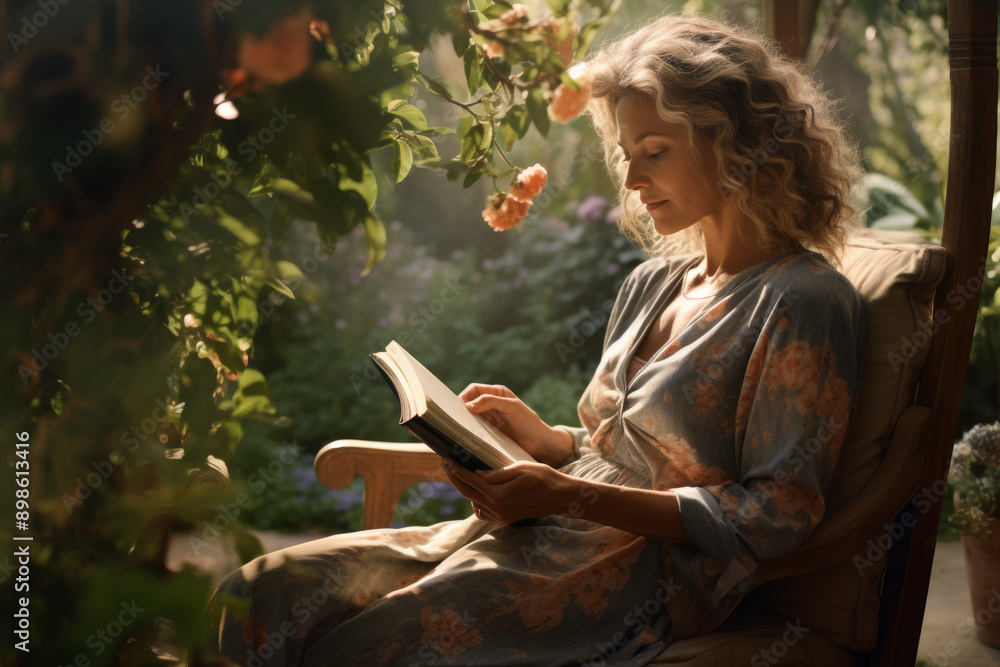 beautiful woman reading book in garden, leisure concept, Generative AI