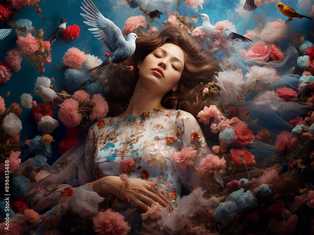 beautiful caucasian woman sleeping calm in armchair of flowers dreaming, healthy rest concept, Generative AI