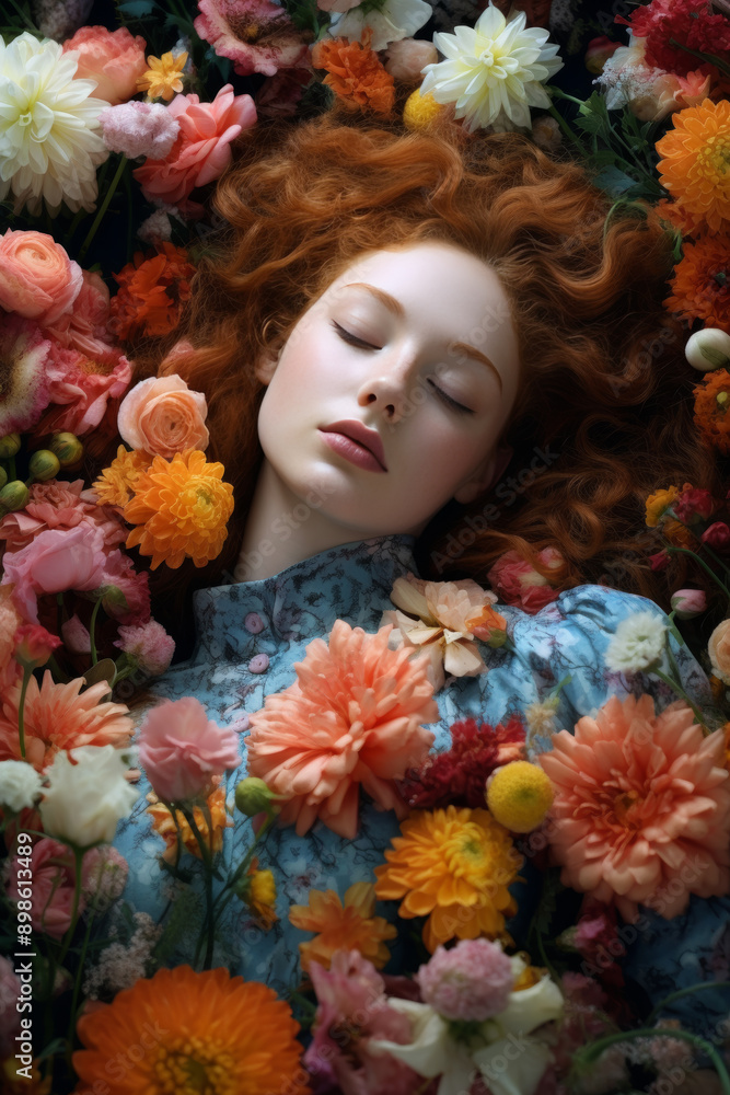 beautiful caucasian woman sleeping calm in flowers dreaming, healthy rest concept, Generative AI