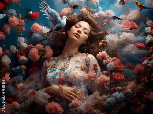 Obraz na płótnie beautiful caucasian woman sleeping calm in armchair of flowers dreaming, healthy rest concept, Generative AI w salonie