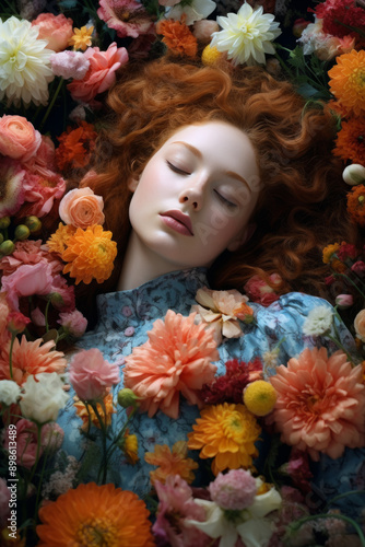 Obraz na płótnie beautiful caucasian woman sleeping calm in flowers dreaming, healthy rest concept, Generative AI w salonie