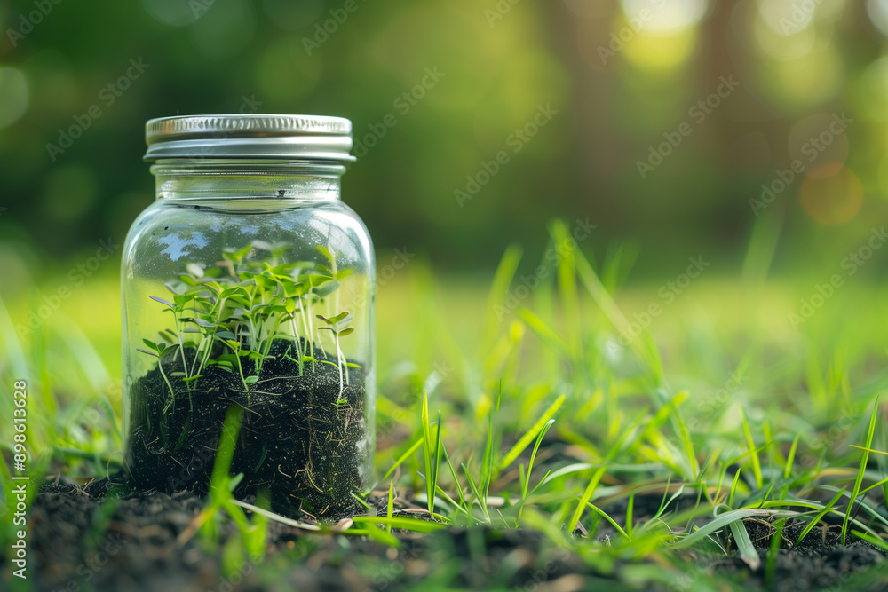 Grass growing in a glass jar with soil and seeds, isolated on a white background Grass growing in a glass jar with soil and seeds, isolated on a white background