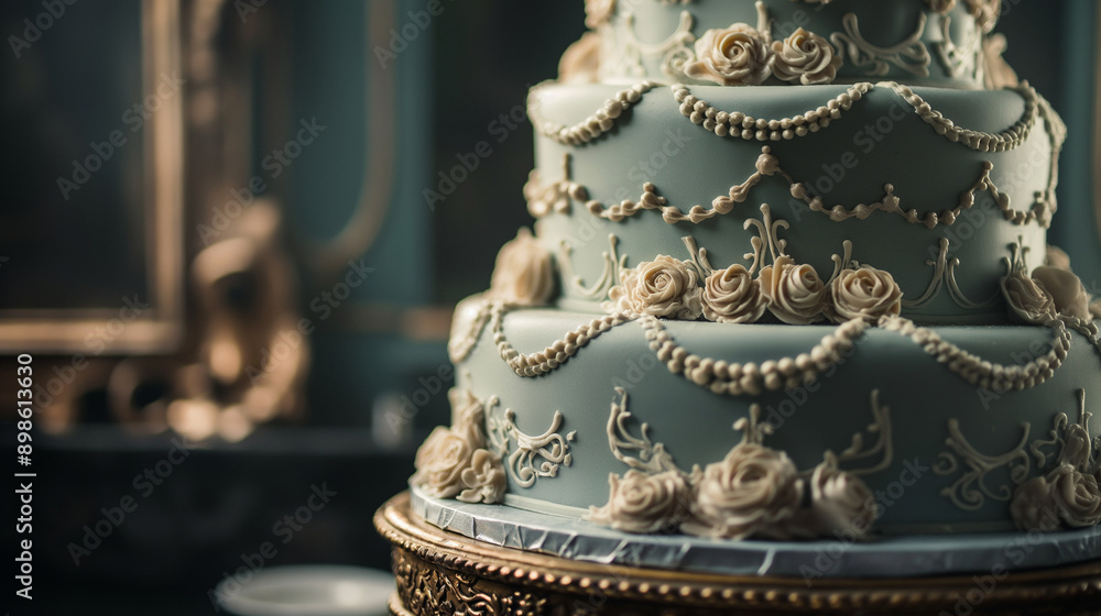 Fototapeta premium A vintage-inspired cake with intricate details and old-world charm, in a nostalgic setting, bottom third copy space
