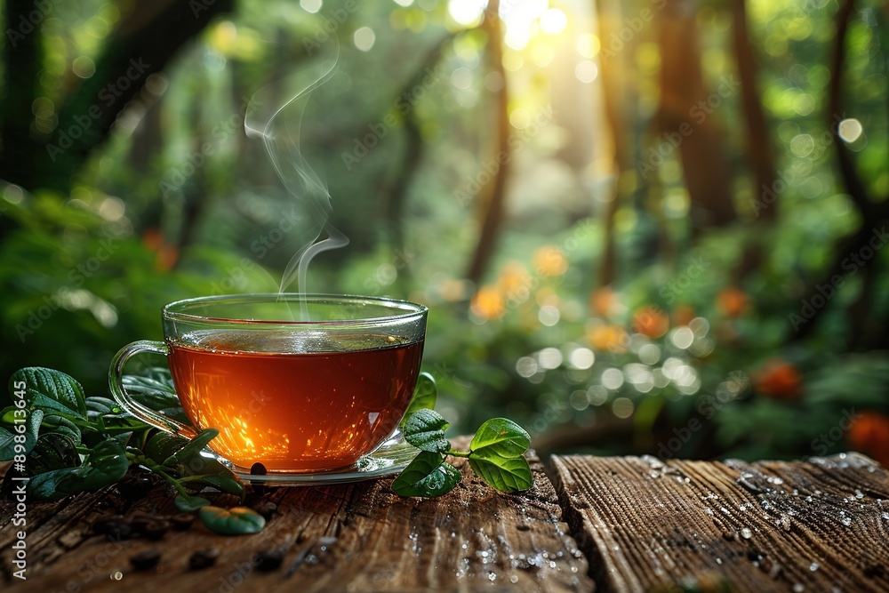 Glass cup of tea on wooden table and blurred nature background Glass cup of tea on wooden table and blurred nature background