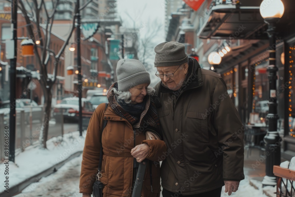 Elderly couple walking side by side on a city sidewalk, sharing a moment of companionship Elderly couple walking side by side on a city sidewalk, sharing a moment of companionship