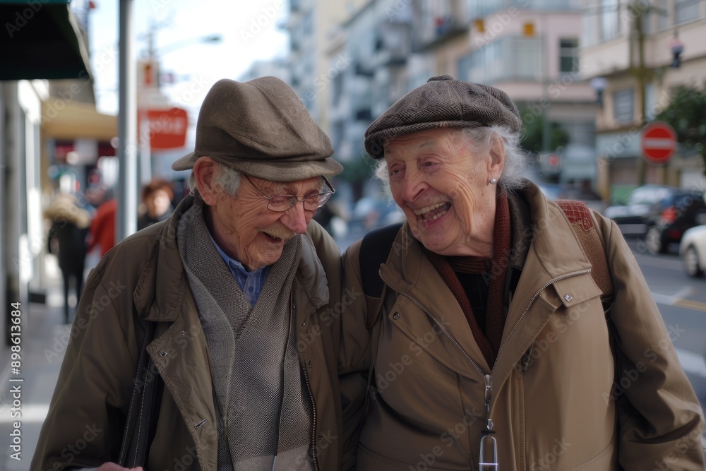 Elderly couple walking side by side on a city sidewalk, sharing a moment of companionship Elderly couple walking side by side on a city sidewalk, sharing a moment of companionship
