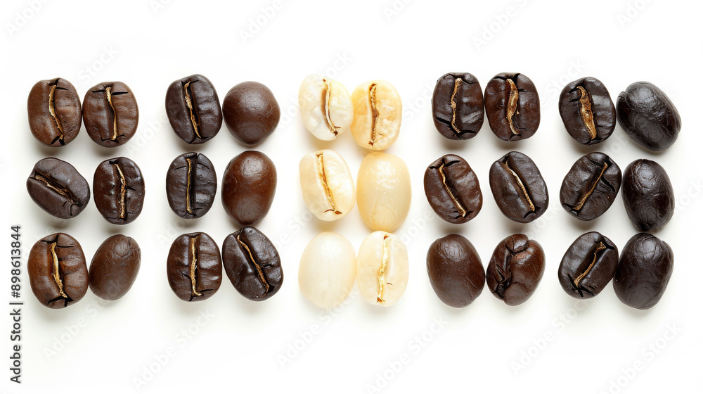 A detailed and hyper-realistic close-up shot of coffee beans, showcasing their texture and color. Isolated on white background. A detailed and hyper-realistic close-up shot of coffee beans, showcasing their texture and color. Isolated on white background.