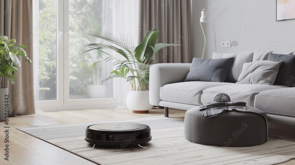 Fototapeta premium Autonomous robot vacuum cleaning a modern living room