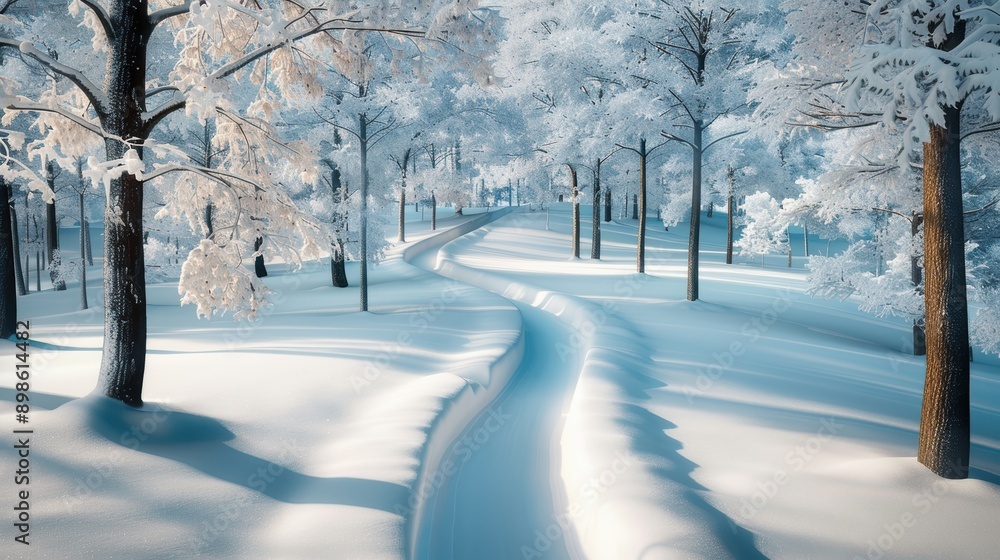 A peaceful snowy path winding through a dense forest, the trees heavy with snow. The quiet and stillness of the scene evoke a sense of calm and solitude. A peaceful snowy path winding through a dense forest, the trees heavy with snow. The quiet and stillness of the scene evoke a sense of calm and solitude.