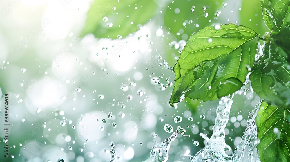 Herbal drink wave splash with mint leaves and water flow. Menthol, peppermint, match tea green foliage. Vector organic beverage 3d advertising with realistic leaves in aqua and splatters Herbal drink wave splash with mint leaves and water flow. Menthol, peppermint, match tea green foliage. Vector organic beverage 3d advertising with realistic leaves in aqua and splatters