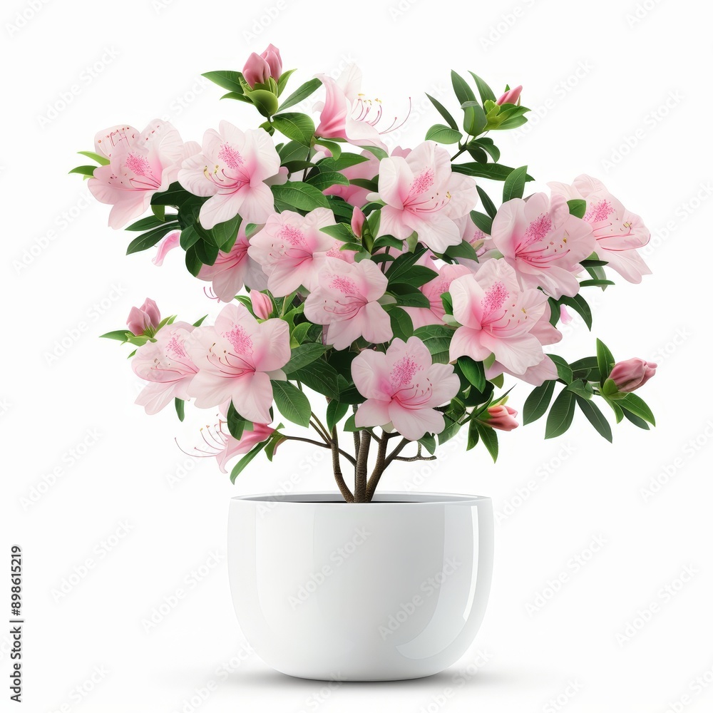 Vibrant Blooming Azalea in Modern Pot on White Background - Realistic 3D Render with Detailed Flowers and Leaves Vibrant Blooming Azalea in Modern Pot on White Background - Realistic 3D Render with Detailed Flowers and Leaves