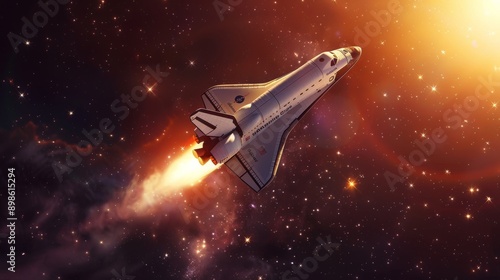 Digital artwork of a space shuttle soaring towards a distant star, showcasing the beauty and mystery of the universe in an imaginative illustration