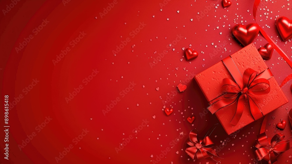 Red background banner with Valentine's Day gift box and decorative hearts, ideal for festive promotions Red background banner with Valentine's Day gift box and decorative hearts, ideal for festive promotions