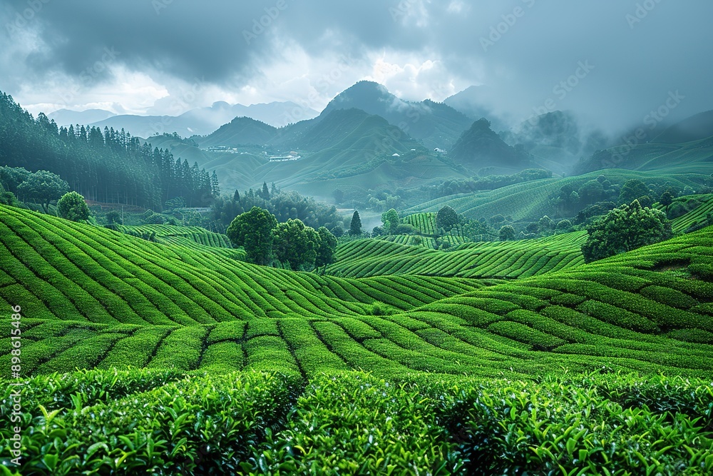 The tea plantations background , Tea plantations in morning light The tea plantations background , Tea plantations in morning light