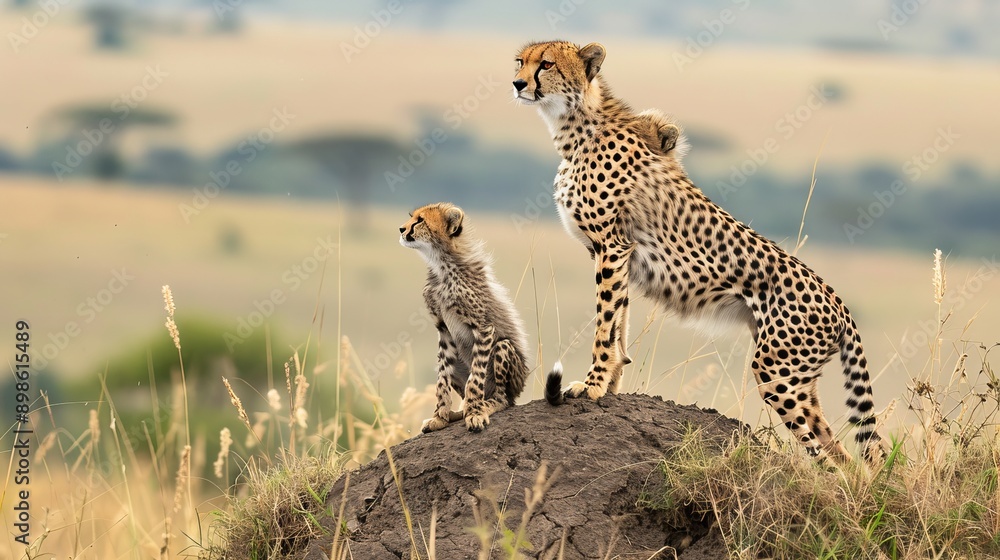 Mother cheetah with two 2 month old cubs on a termite mound in the Masai Mara Mother cheetah with two 2 month old cubs on a termite mound in the Masai Mara