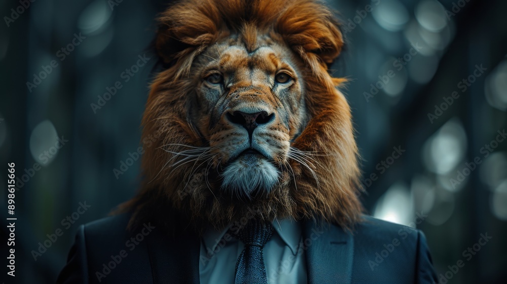 Powerful lion businessman wearing a suit and tie in the wilderness, symbolizing leadership, strength, and success Powerful lion businessman wearing a suit and tie in the wilderness, symbolizing leadership, strength, and success