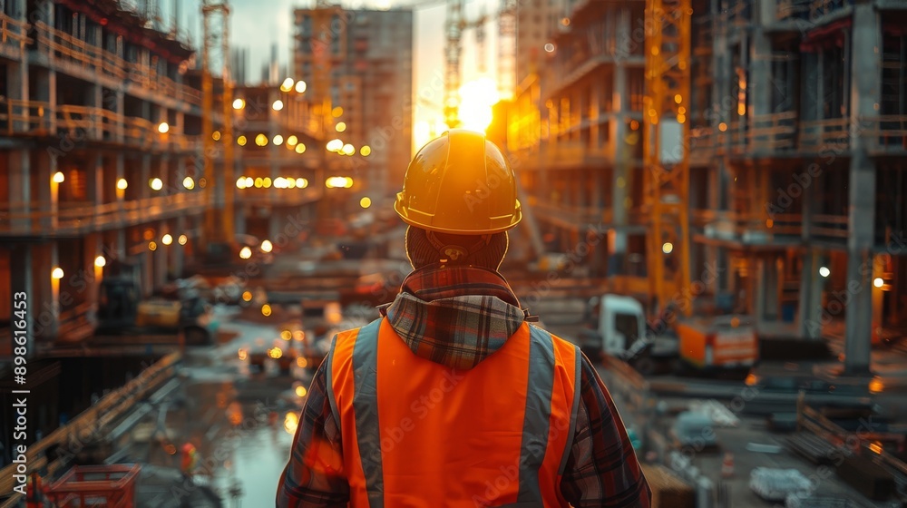 Construction site supervisor wearing a hard hat is observing the progress of a building development at sunset Construction site supervisor wearing a hard hat is observing the progress of a building development at sunset