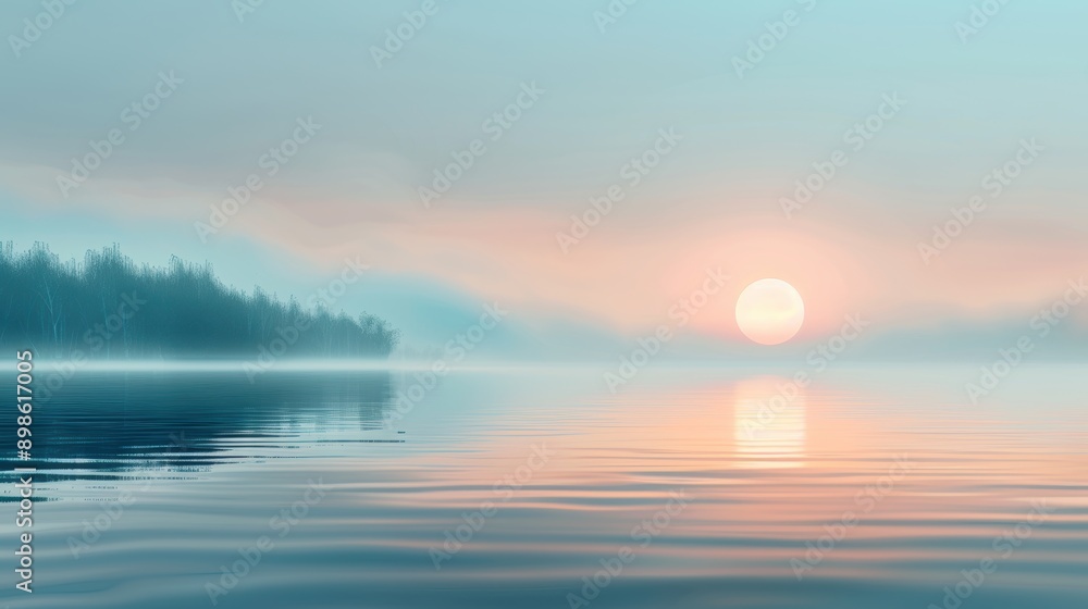 Obraz premium A digital painting capturing the mood of a misty morning on a lake, with fog gently rising from the water's surface under a soft sunrise.