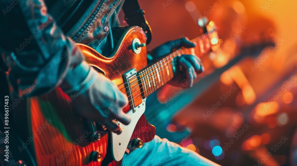 Naklejka premium Guitarist playing with passion on a vibrant stage