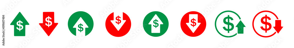 Money increase icon with arrow up symbol, dollar decrease icon.Set includes signs dollars. Graphic both the increase and decrease dollar in vector style Money increase icon with arrow up symbol, dollar decrease icon.Set includes signs dollars. Graphic both the increase and decrease dollar in vector style