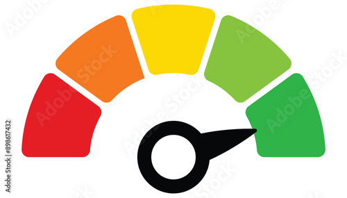 Speedometer icon. meter with arrow for dashboard with green, yellow, red indicators. Gauge of tachometer. Low, medium, high and risk levels. Scale score of speed, performance and rating. eps 10
