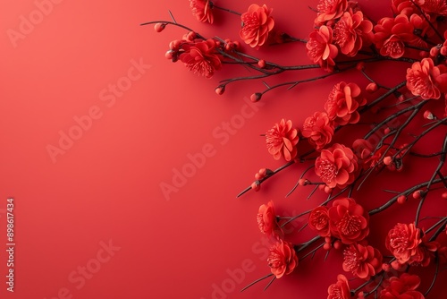 A lovely image of red blossoms adorning branches, showcasing elegance and nature's simplicity in vibrant hues.