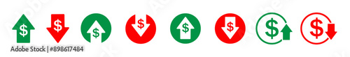 Money increase icon with arrow up symbol, dollar decrease icon.Set includes signs dollars. Graphic both the increase and decrease dollar in vector style