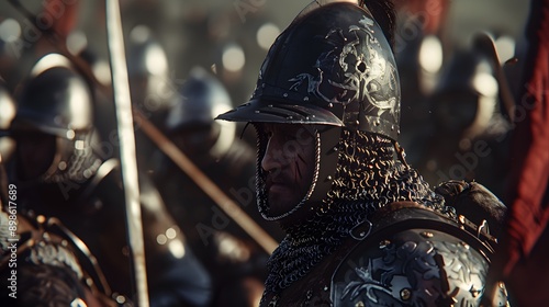 A medieval knight in full armor stands amidst a sea of soldiers, their faces obscured by helmets and shields. photo