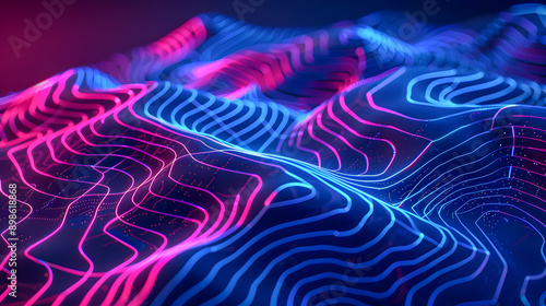 A captivating abstract topographic map showcasing vivid neon blue and pink lighting that accentuates the intricate contours and elevation changes