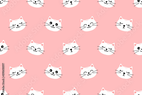 Seamless pattern with funny white cat faces on light pink background.