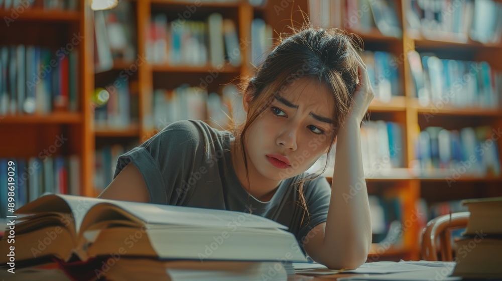 student woman have anxiety because of exams, female prepare for test and learning lessons in the library. stress, despair, haste, misunderstanding reading, discouraged, expectation, knowledge student woman have anxiety because of exams, female prepare for test and learning lessons in the library. stress, despair, haste, misunderstanding reading, discouraged, expectation, knowledge