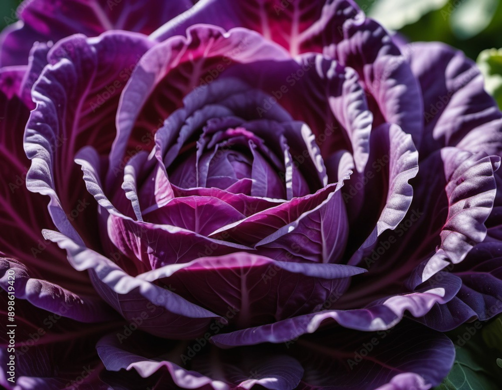 Obraz premium Red cabbage is a vegetable crop with red-violet leaf color and a common food product. Vegetable is used for fresh consumption in salads, for pickling, cultivated cabbage species. Generated AI