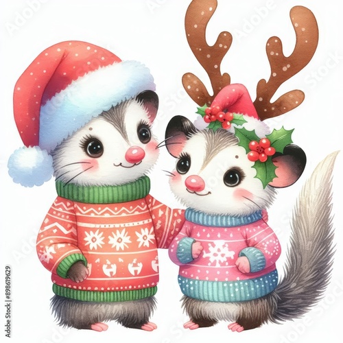 Two adorable sugar gliders wearing Christmas sweaters and hats. One has reindeer antlers.